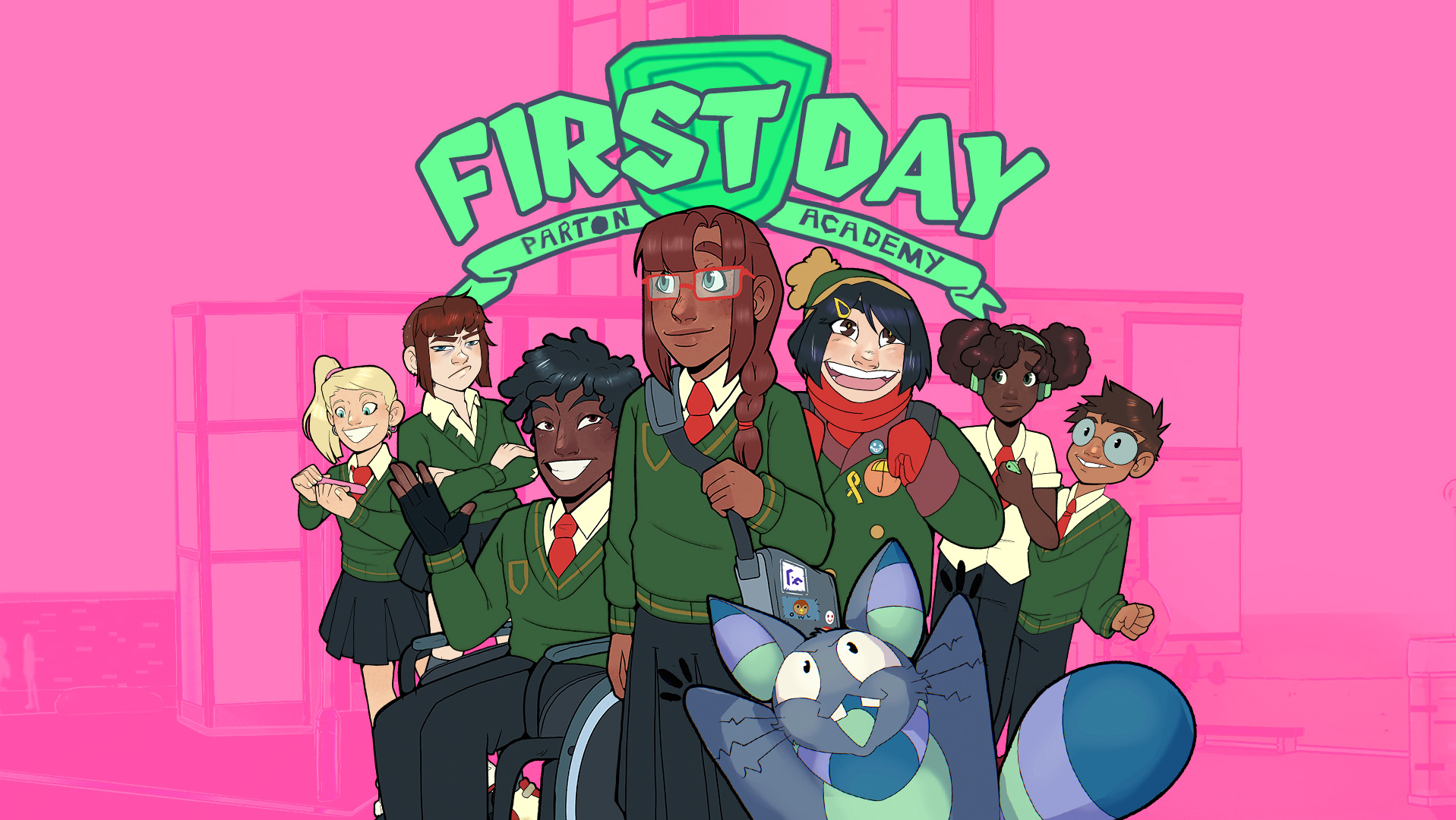 Promotional material for First Day: the image shows seven young people in green school uniforms, in front of a large school building in pink. A blue monster leaps up in the front of the image.