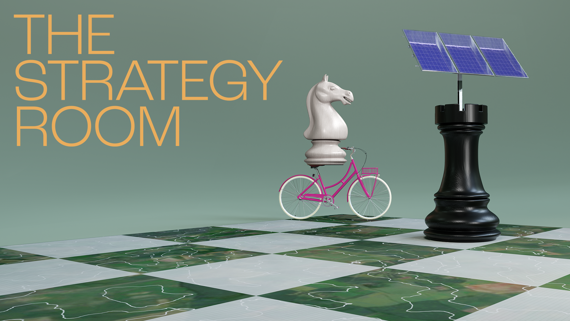 A map in chessboard form. There is a knight riding a pink bicycle and a rook with a solar panel attached to it. Orange text says The Strategy Room